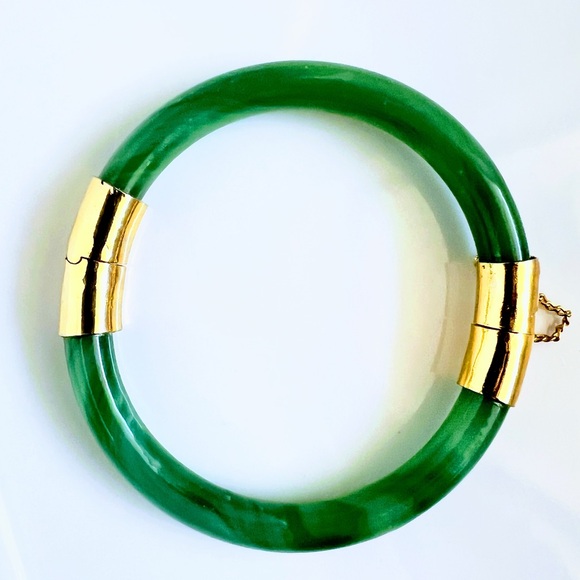 VTG Rare Chinese Spinach Green Nephrite Jade AAA 10k Gold...